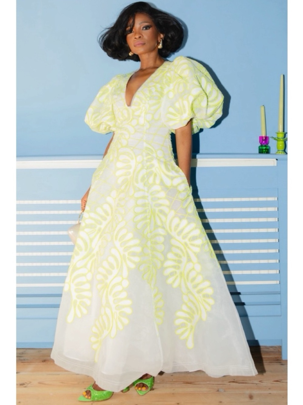 Aje Botanical Appliquéd Puff Sleeve Midi Dress Ivory Citrus ASO Runway